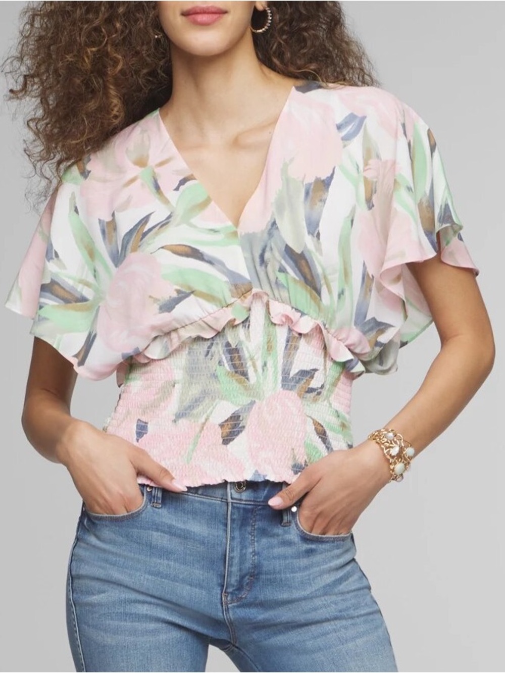 White House Black Market Pastel Floral Flutter Sleeve Smocked Top - Pink & Green